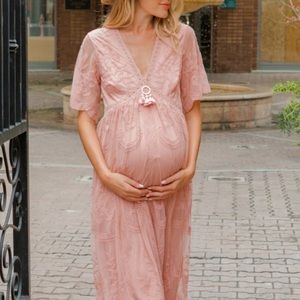 Light Pink Lace Mesh Overlay Maternity Maxi Dress